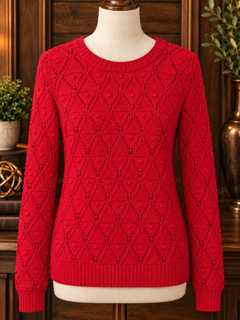 Tommy Hilfiger Red Open Knit Geometric Sweater Women’s Medium M